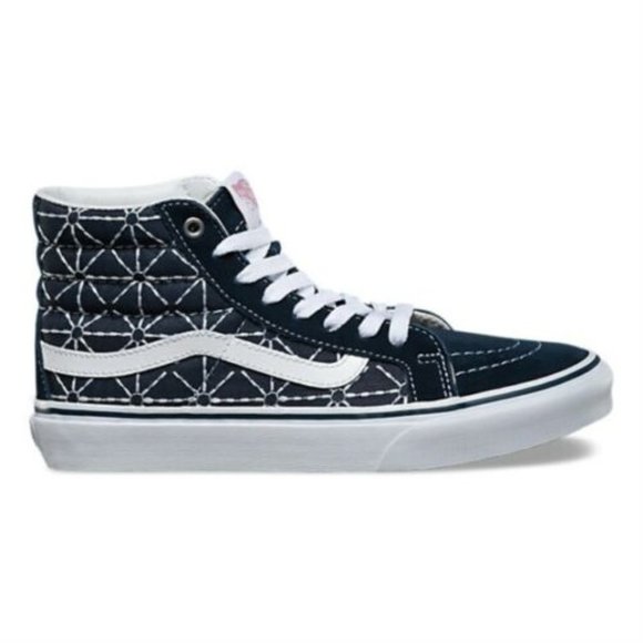 VANS Sk8 Hi Slim (Quilted Denim) Dress Blues Zephyr White Womens Sneakers - Picture 2 of 5